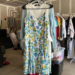 White flowy floral dress with hummingbirds.